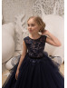 Beaded Navy Blue And Blush Lace Tulle V Back Flower Girl Dress Beaded Navy Blue And Blush Lace Tulle V Back Flower Girl Dress